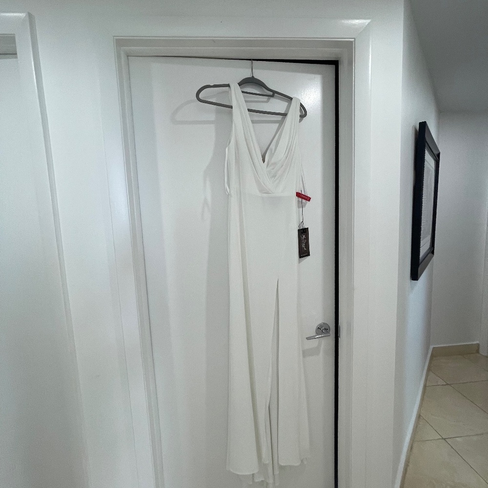 Mac Duggal 12336 Jersey Sleeveless V Neck Slit Gown SZ 4 White Wedding/Formal